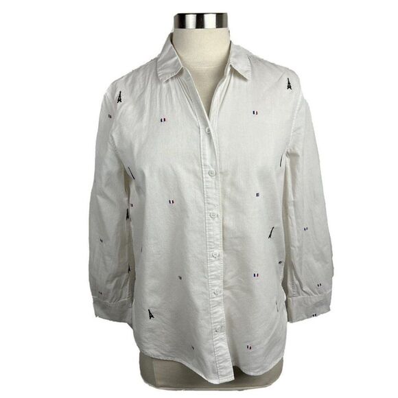 Equipment Shirt S Womens White Paris Eiffel Tower Button Front Leema Embroidered - Picture 1 of 7